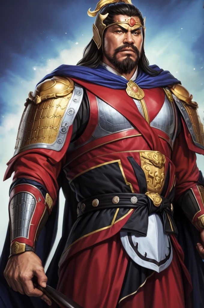 8K,middle aged man,oriental armor(The elaborately crafted coat of arms of a nobleman),ultra high resolution,surreal,realistic skin,Black hair short hair,big black eyes,clear eye description, muscular body,waist armor,delicate hands, Perfect hand shape, character art, action pose,masterpiece,Realistic RAW photos of the highest quality,bright colors,rich colors, backlight, movie lights, film grain,50mm lens