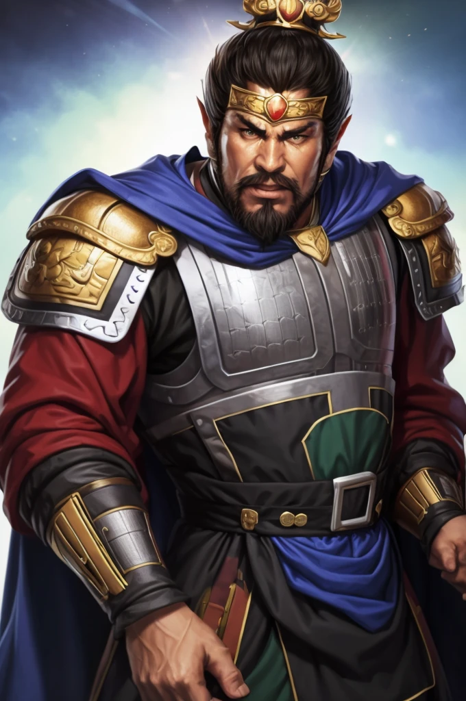 8K,middle aged man,oriental armor(The elaborately crafted coat of arms of a nobleman),ultra high resolution,surreal,realistic skin,Black hair short hair,big black eyes,clear eye description, muscular body,waist armor,delicate hands, Perfect hand shape, character art, action pose,masterpiece,Realistic RAW photos of the highest quality,bright colors,rich colors, backlight, movie lights, film grain,50mm lens