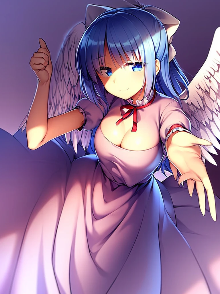 masterpiece, best quality, 1girl, , , , medium blue hair, hair flaps, pink ribbon on head, well-formed face, blue eyes, angel girl, white blouse, puffy short sleeves, red ribbon, angel wings, long white skirt, red shoes, frills, ribbon head, from behind, to lift up one’s skirt, cowboy shot, from front, standing , raise one leg, crossed arms, arms up behind, arms behind back, hand between legs, put hands hip, one hand on hip, forward hands, arms raised in the air, punch hands, peace sign, waving, put up index finger, sit, lie down, closed eyes, lie face down, looking back, put one hand chest, leaning forward, cleavage, close up, horizontally outstretched arms, horizontally outstretched legs, front view, front face