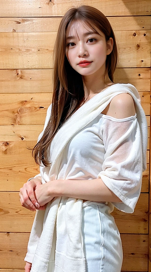 (8K、Raw photo、highest quality、masterpiece:1.2)、(Realistic、Photorealistic)、1 girl、Being in the sauna、A towel is wrapped around the body、Sweaty skin、Fluffy bath towel