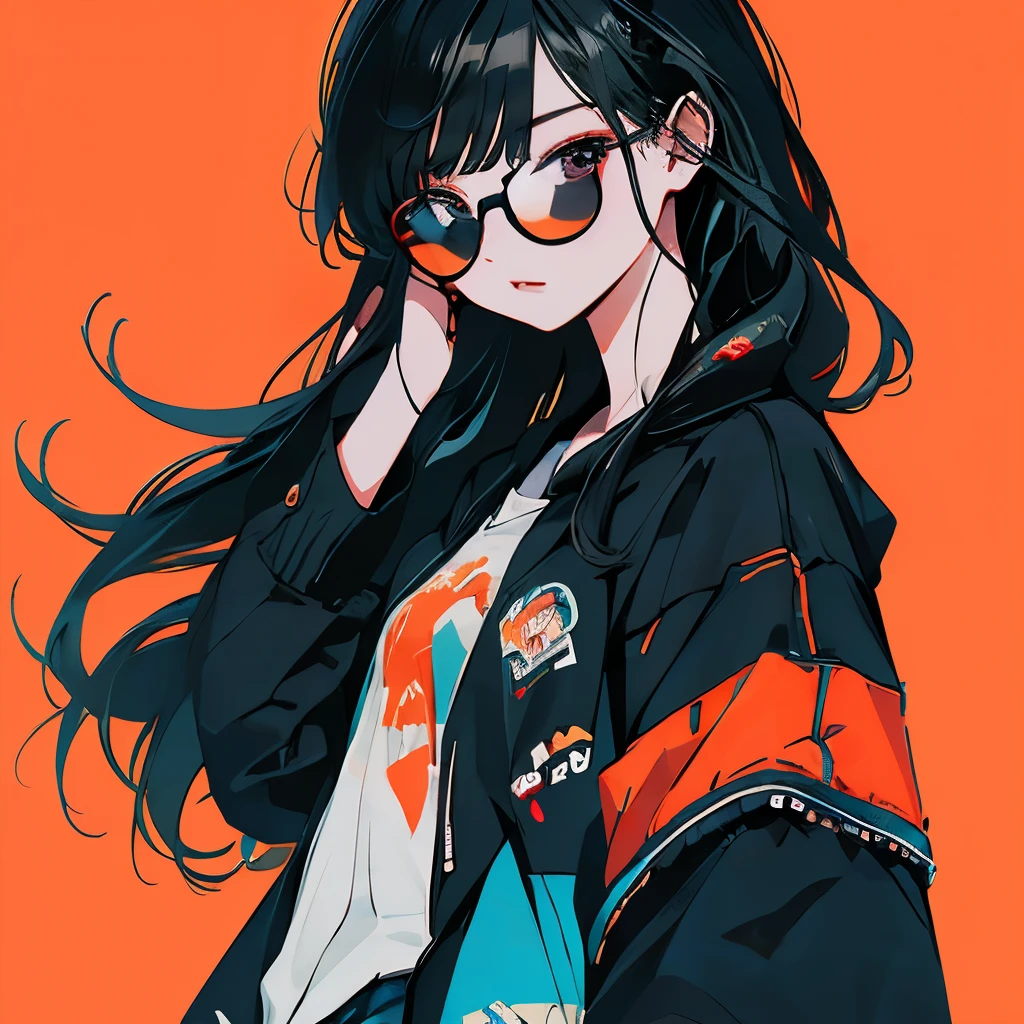masterpiece、One Girl、Black Hair、Fashionable clothes、(((Black jacket)))、Orange Background、sunglasses、Low - Angle
