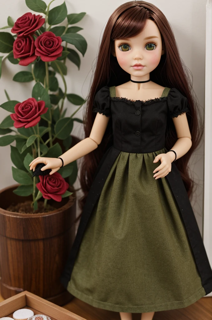 This is Sara, she had dark red hair with a middle part and green eyes she wears a black dress
Make Sara a Blythe Doll with a Blythe doll box. Her hobbies are baking, picking flowers and drawing.