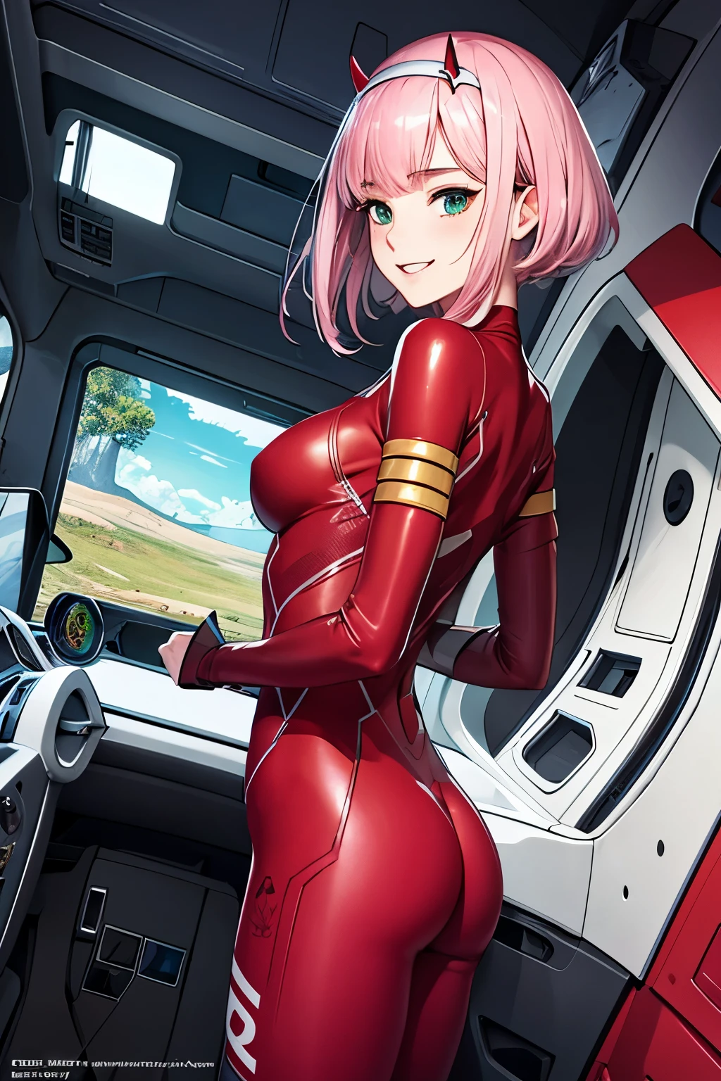 Masterpiece, top quality, best quality, official art, beautiful and aesthetic, anime, 1girl, Zero Two, extremely detailed, colorful, more detailed ((ultra-detailed)), (highly detailed CG illustration),smile,horny,detailed face,pink hair, big green eyes, red body suit, in middle,skinny fit, small breasts,from behind,spaceship