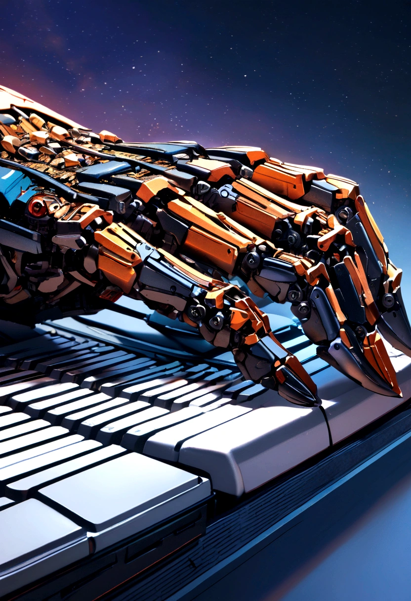 PHOTO OF A CLOSE UP OF A ROBOT HAND TYPING A KEYBOARD