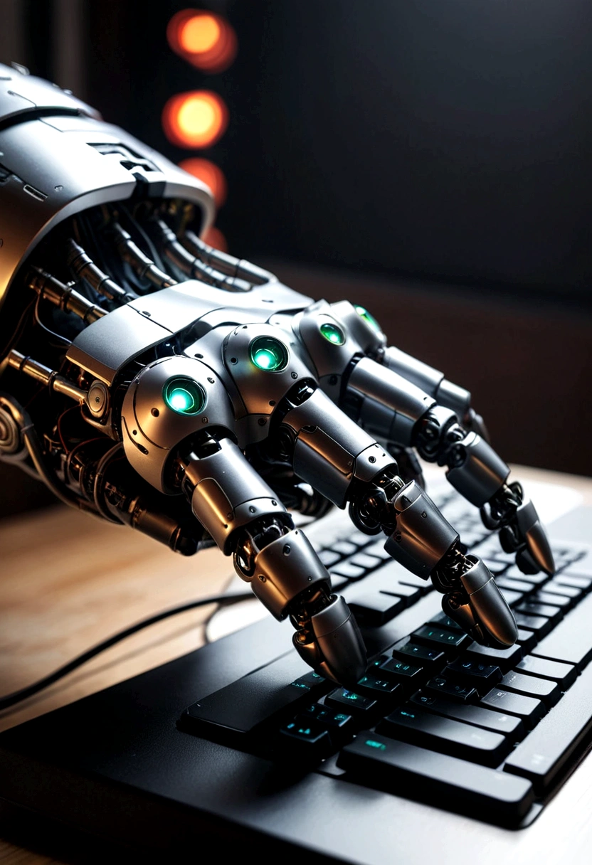 PHOTO OF A CLOSE UP OF A ROBOT HAND TYPING A KEYBOARD