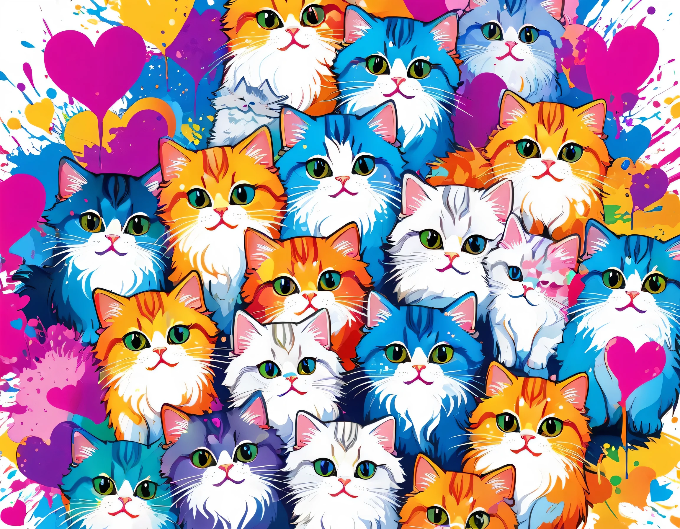 Fujio Akatsuka Style, Vector Art, Colorful illustration with lots of cute Persian kittens, In the center, Vibrant colors, Paint splatters and stains, High Detail,colorful hearts