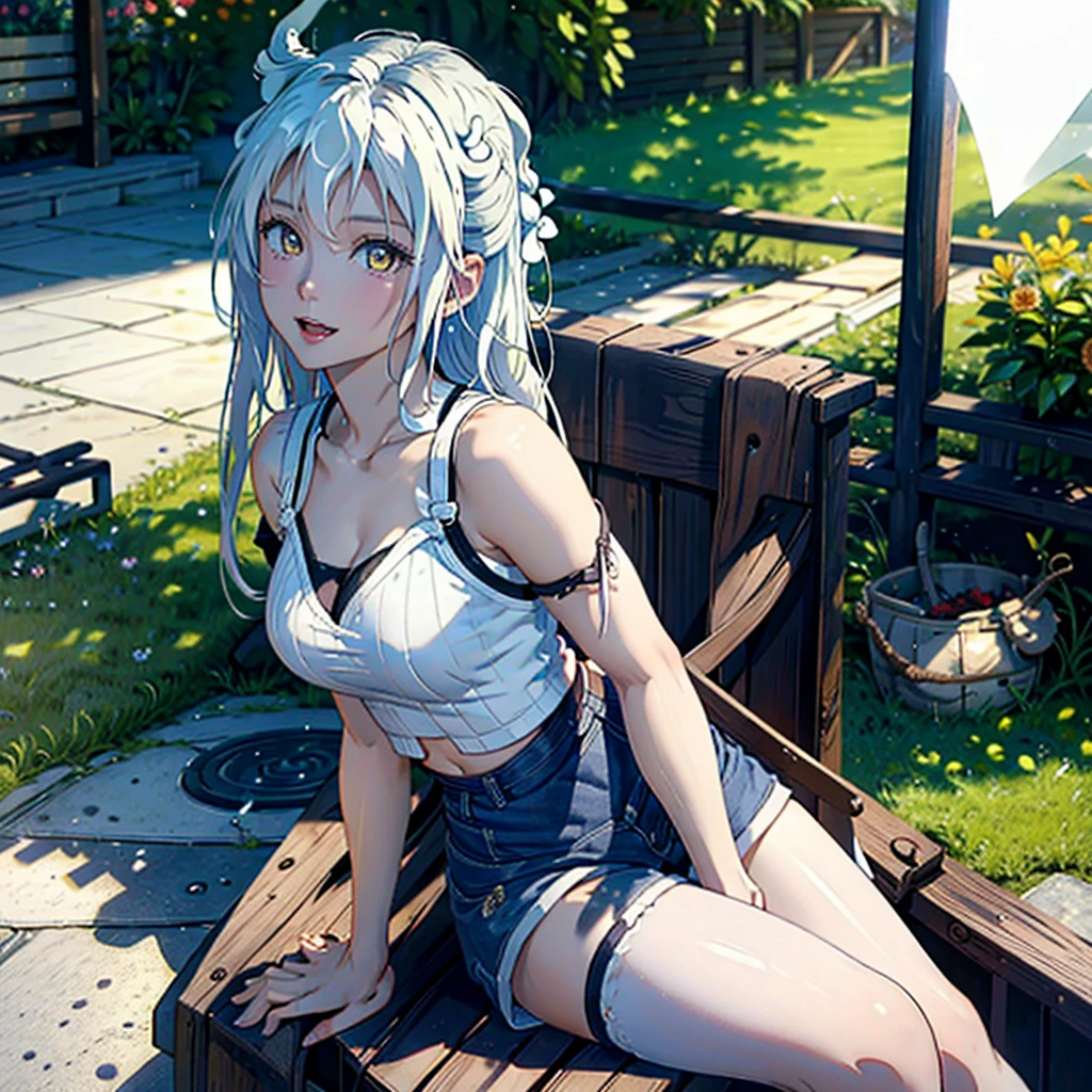 Girl with dog ears and tail, erect ears, honey yellow eyes, Highly detailed eyes, long hair and(((((( White)))))) with a small braid on the sides, denim shorts, translucent blouse, whole body, looking up, open mouth smile, big chest, beautiful body, detailed face y con amplia gama de gestos, sitting on a bench around a garden with flowers of various colors, detailed background, detailed face, Play of light and shadows, cinematographic, high quality, 8k, Masterpiece, 