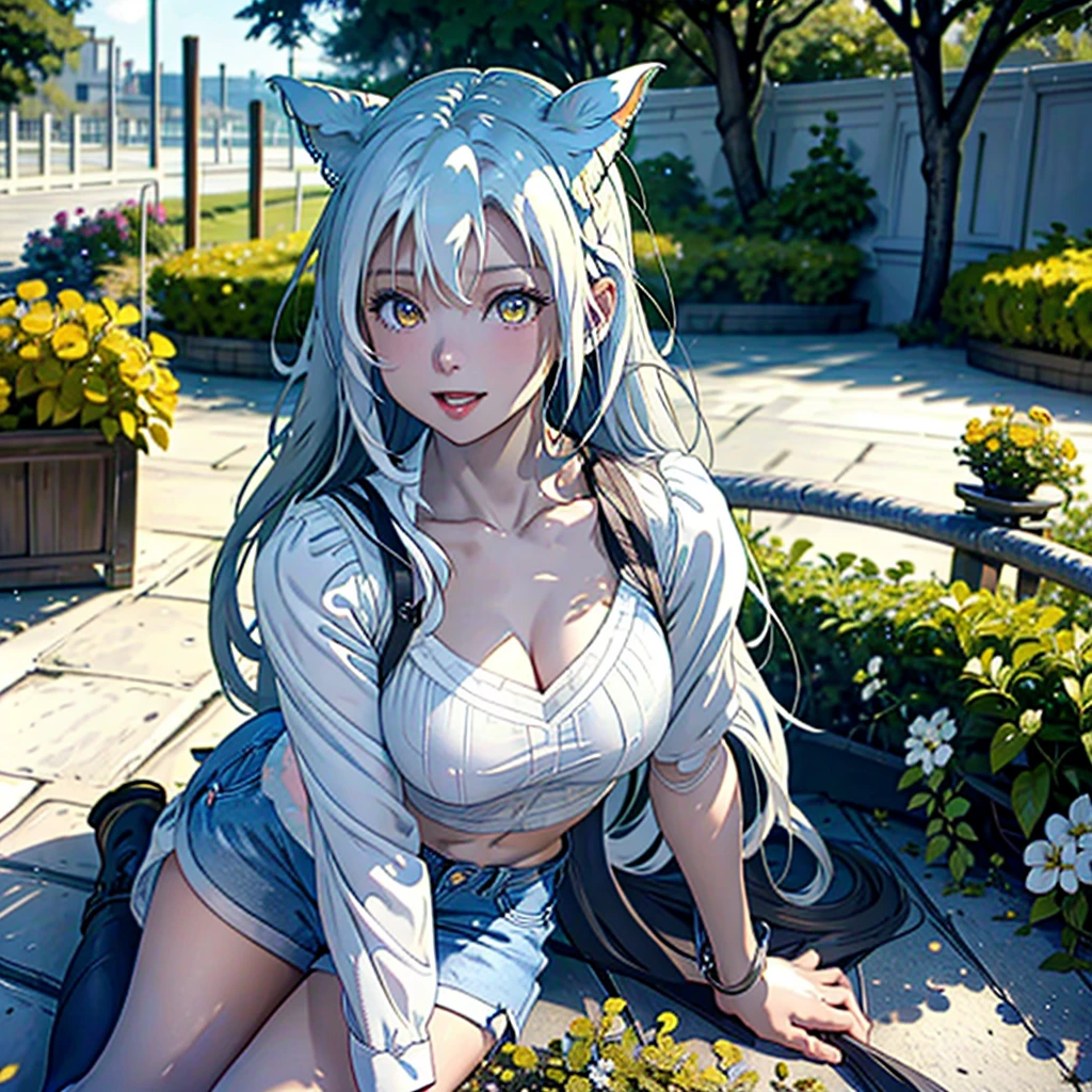 Girl with dog ears and tail, erect ears, honey yellow eyes, Highly detailed eyes, long hair and(((((( White)))))) with a small braid on the sides, denim shorts, translucent blouse, whole body, looking up, open mouth smile, big chest, beautiful body, detailed face y con amplia gama de gestos, sitting on a bench around a garden with flowers of various colors, detailed background, detailed face, Play of light and shadows, cinematographic, high quality, 8k, Masterpiece, 