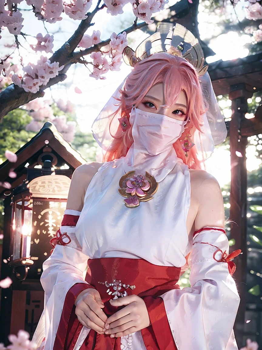 Highest quality, masterpiece, Ultra-high resolution, (Realistic:1.6), RAW photo from above, 1girl, (ulzzang-6500:0.725), (one beautiful woman:1.3), kpop idol, yae miko, detached sleeves, bare shoulders, pink hair, long hair, best quality, (photorealistic:1.2), (hair ornament:1.35), jewelry, purple eyes, earrings,, large breasts, torii, cherry blossoms, lantern light, depth of field, detailed face, face focus, (looking at viewer:1.25), shiny skin, long sleeves, wearing a face veil, (white face veil, silk mask veil face:1.2), game cg, thighhighs, hands on lips, east asian architecture, blurry background, full body, arms behind back, night day