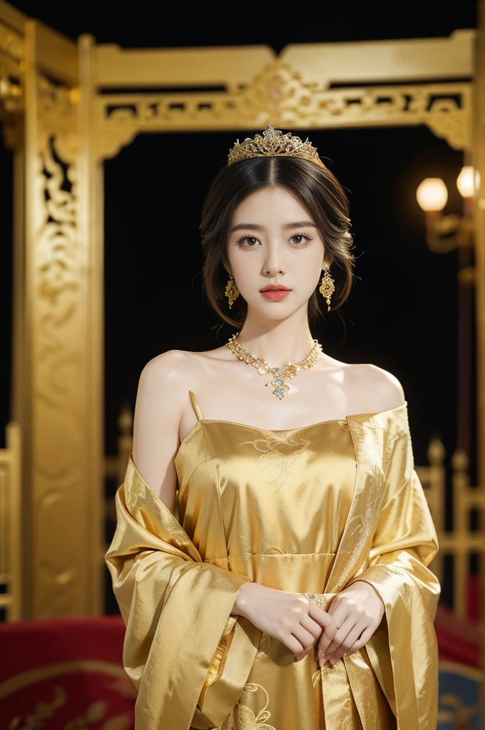 (((best quality))),(((ultra detailed))),(((masterpiece))),illustration,1 girl,solo,slim,thin,small breasts,flat chest,shoulder length straight bob hair,earrings,necklace,Asian appearance,princess,royal,Chinese palace,night scene,magnificent dragon gown,golden crown,intricate embroidery,luxurious fabric,precious stones,metallic throne,decorative patterns,rich decorations,luxurious furnishings,regal charm,beautiful face,gentle smile,bright eyes,historical,traditional,city lights,modernity,frozen moment,beauty of the past,evolution of time,from front,upper body,standing,arms behind back