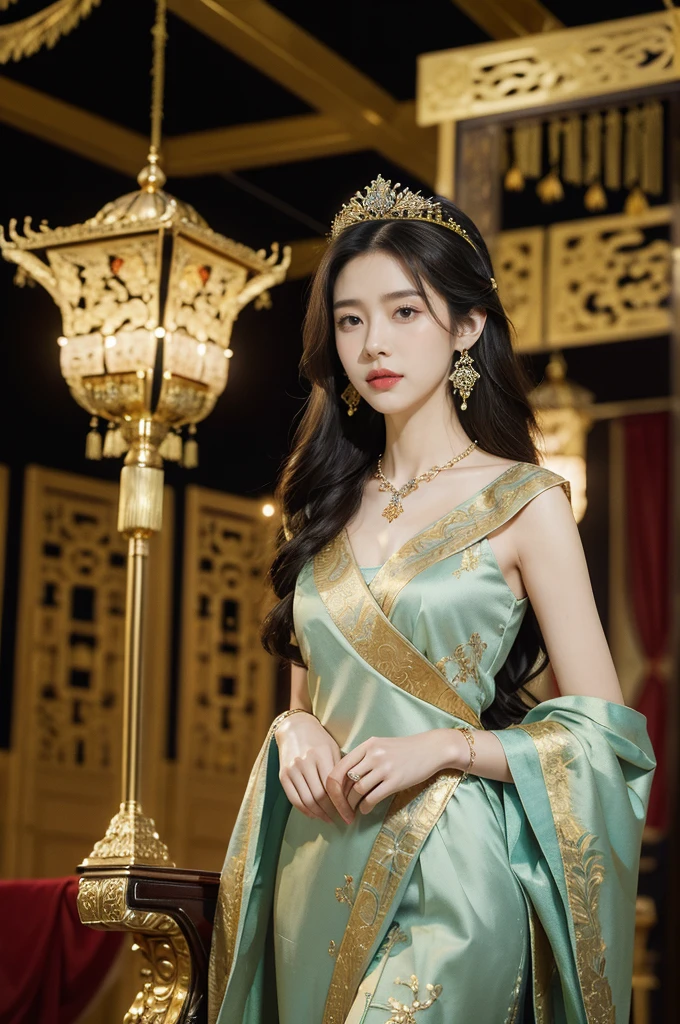 (((best quality))),(((ultra detailed))),(((masterpiece))),illustration,1 girl,solo,slim,thin,small breasts,flat chest,shoulder length straight bob hair,earrings,necklace,Asian appearance,princess,royal,Chinese palace,night scene,magnificent dragon gown,golden crown,intricate embroidery,luxurious fabric,precious stones,metallic throne,decorative patterns,rich decorations,luxurious furnishings,regal charm,beautiful face,gentle smile,bright eyes,historical,traditional,city lights,modernity,frozen moment,beauty of the past,evolution of time,from front,upper body,standing,arms behind back