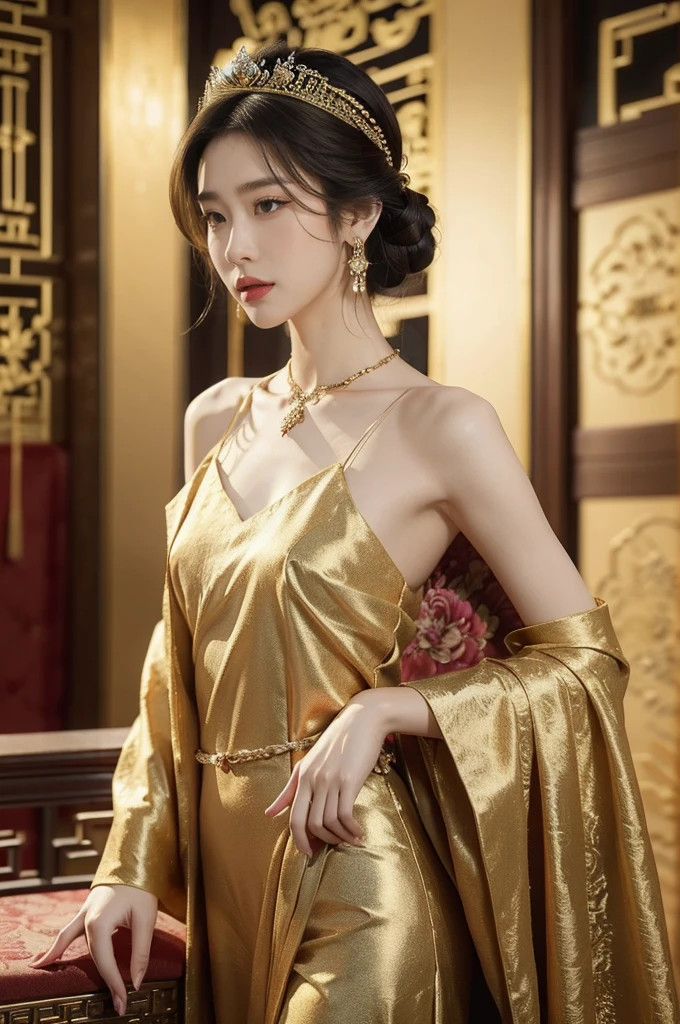 (((best quality))),(((ultra detailed))),(((masterpiece))),illustration,1 girl,solo,slim,thin,small breasts,flat chest,shoulder length straight bob hair,earrings,necklace,Asian appearance,princess,royal,Chinese palace,night scene,magnificent dragon gown,golden crown,intricate embroidery,luxurious fabric,precious stones,metallic throne,decorative patterns,rich decorations,luxurious furnishings,regal charm,beautiful face,gentle smile,bright eyes,historical,traditional,city lights,modernity,frozen moment,beauty of the past,evolution of time,from front,upper body,standing,arms behind back