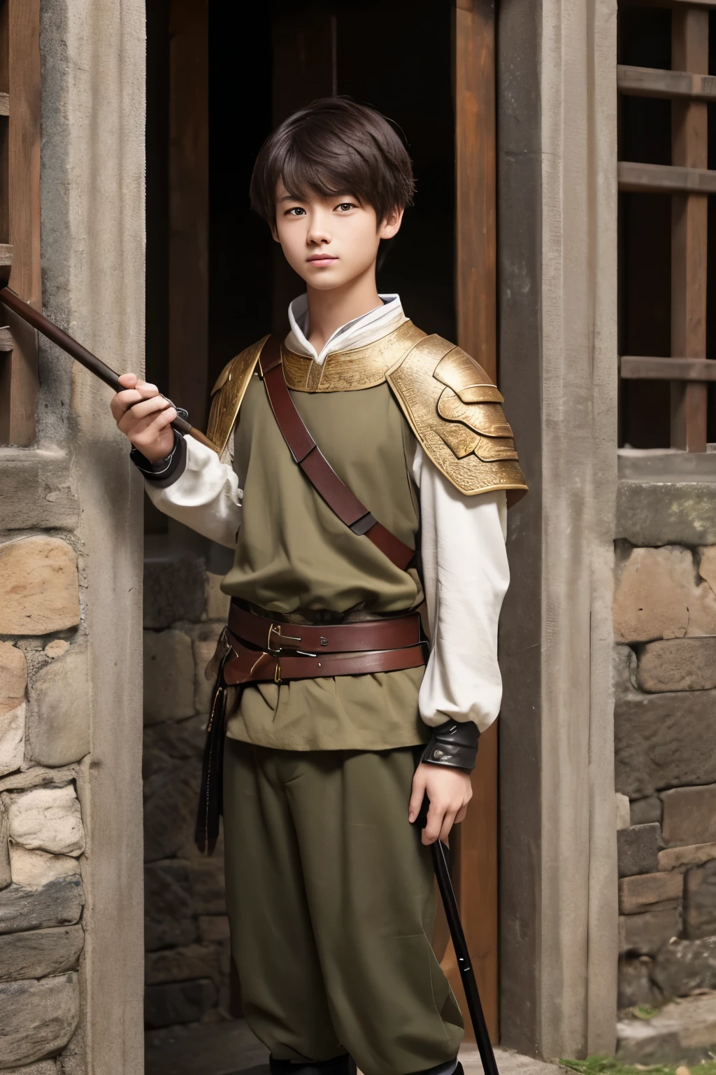 boy。About 15 years old and still a little young。Quite neutral。He has a walking stick in his hand。Asian features and brown hair。Eyes are black。Height: about 168 cm。The hair is slightly short。Medieval European style clothing。The background is a medieval European castle