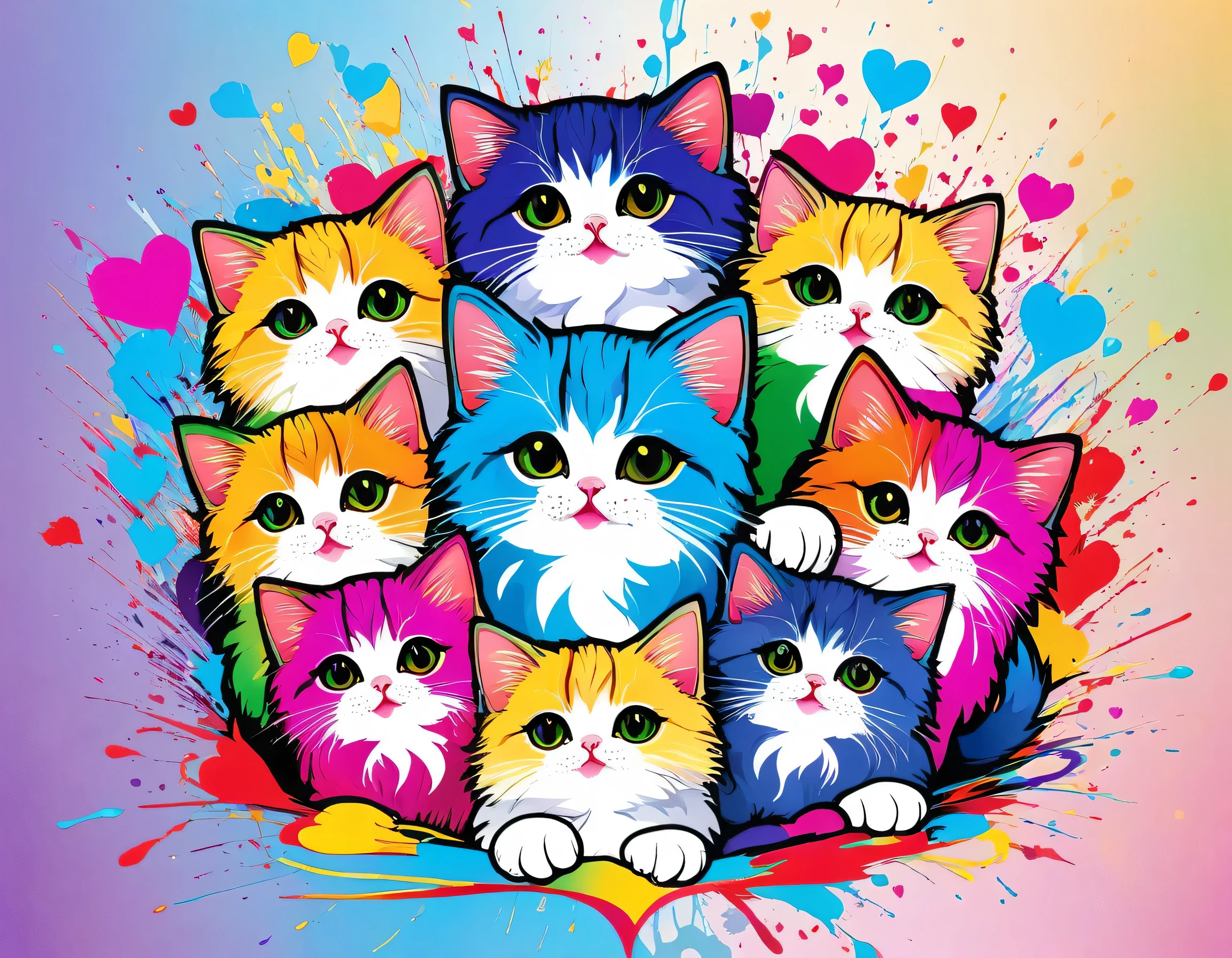 Fujio Akatsuka Style, Vector Art, Colorful illustration with lots of cute Persian kittens, In the center, Vibrant colors, Paint splatters and stains, High Detail,colorful hearts