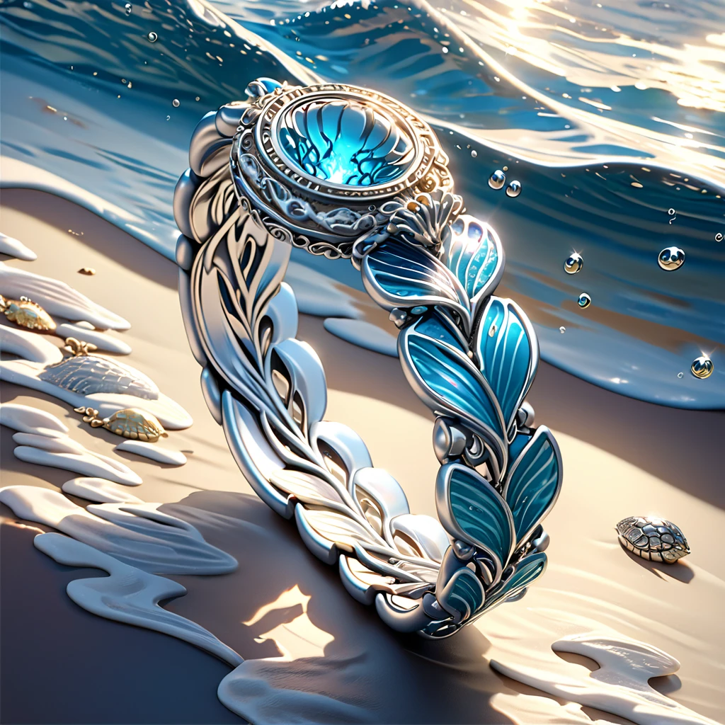 a shiny, polished silver bracelet, intricate marine motif design, wave patterns, underwater theme, glistening metallic finish, detailed engraved sea creatures, elegant jewelry, premium quality craftsmanship, beautiful ocean-inspired accessory, high-end luxury item, masterfully sculpted, photorealistic, 8k, hyper detailed, sharp focus, studio lighting, physically-based rendering, vibrant colors, dynamic lighting