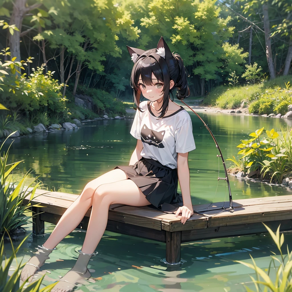 A girl with cat ears is sitting on the bank and fishing, looks fun, 
