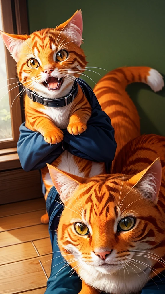 an orange cat is laughing