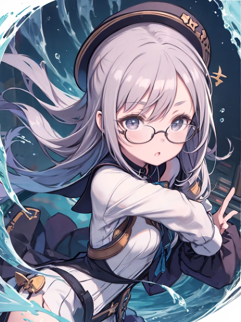 One Girl、Holding glasses with both hands、The glasses are pushed down below the eyes、library、student、Angle from above、Watching the audience、Looking up、Watery eye、Dynamic Angles、