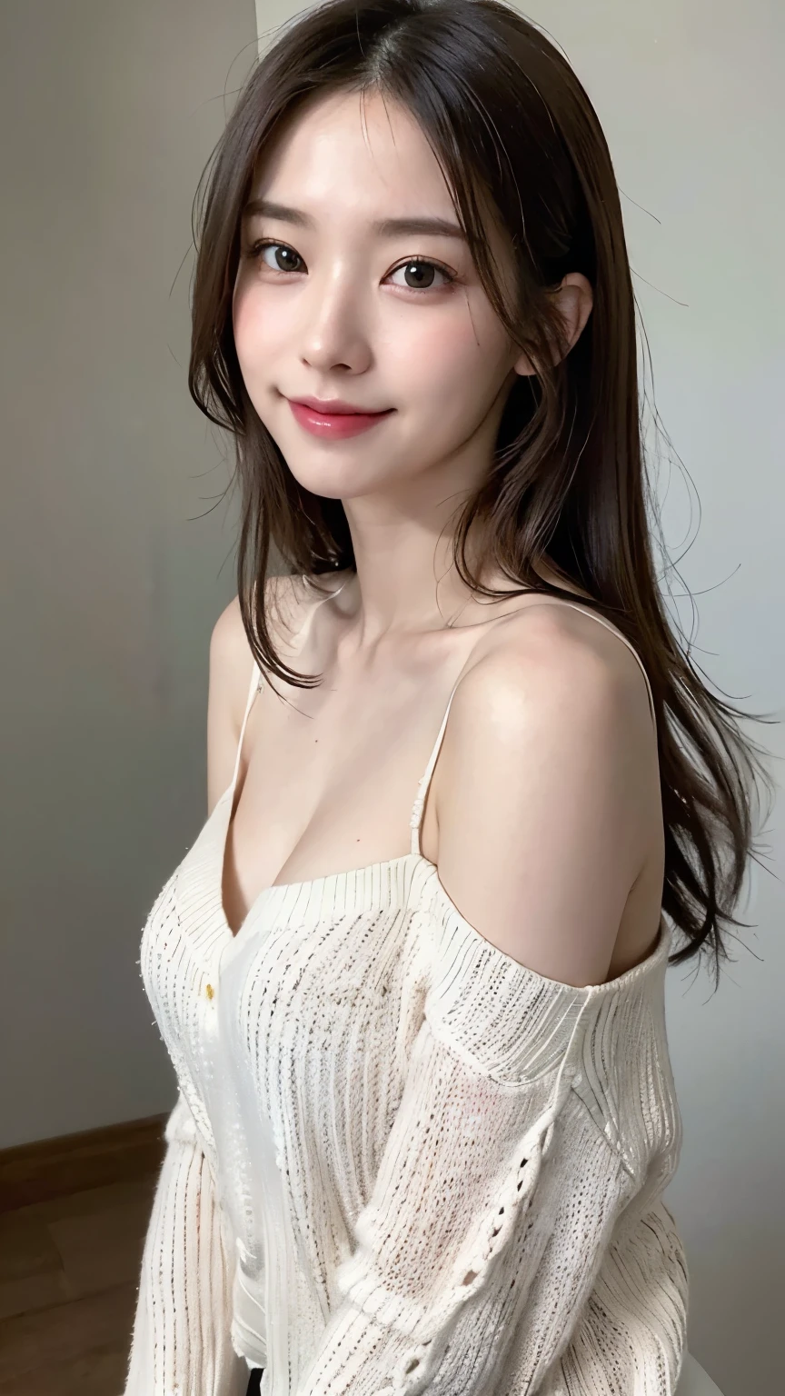 (masterpiece:1.3), (8K, Photorealistic, Raw photo, Best image quality: 1.4), Long Hair、Cleavage:1.2、Super detailed face、Attention to detail、Drooping eyes、double eyelid、Put your chest together、Sharp focus:1.2、Beautiful woman:1.4、Light brown hair、Highest quality、masterpiece、Ultra-high resolution、(Photorealistic:1.4)、Highly detailed and professionally lit smile、Loose, lightweight knitwear、Shoulder out、thin、Serious expression、Deadly position, nude, Beautiful, nude,White knit
