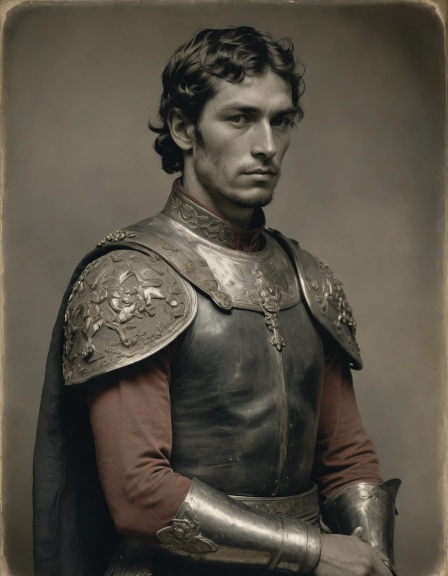 by Moebius, (by Théodore Géricault), ((((Rough monochrome, daguerreotype on old paper)))), half body of a young male Roman soldier, confident, brunette, bronze skin, rascal, arrogant, (((tattooed arms, neck))), wearing black and red, silken Roman uniform, armor lorica with samurai elements, red diamond symbology, moth symbology. Jungle background.
