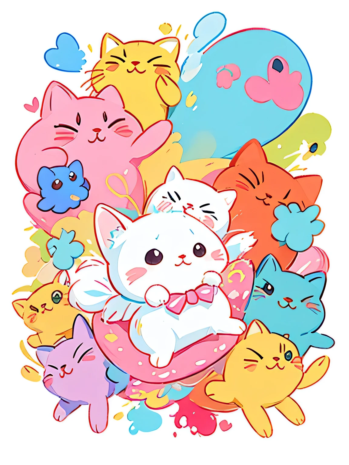 Momoko SakuraStyle, Vector Art, Colorful illustration with lots of cute Persian kittens, In the center, Vibrant colors, Paint splatters and stains, High Detail,colorful hearts