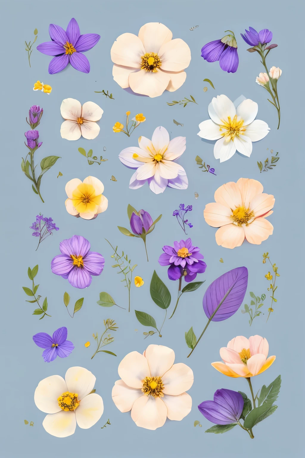 Lots of small flowers、Peach-colored flowers、Flowers of white color、Light blue flower、Yellow Flower、Purple Flower、Light purple background、Hand-drawn illustrations