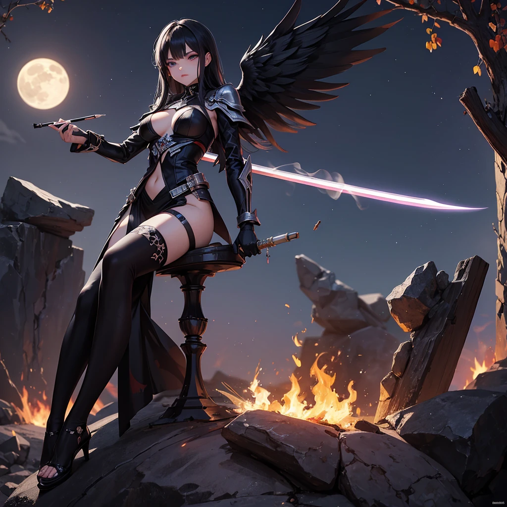 beautiful dark angel, fire, smoke, sword, the angel of death sitting peacefully under the moonlight smoking an electronic cigarette