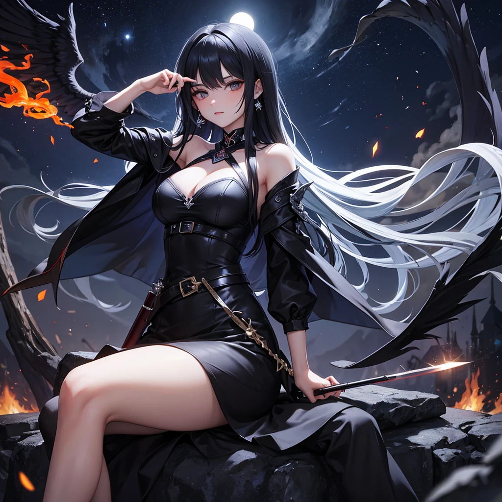 beautiful dark angel, fire, smoke, sword, the angel of death sitting peacefully under the moonlight smoking an electronic cigarette