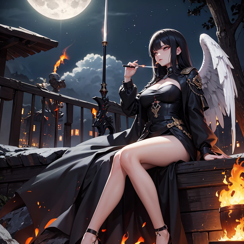 beautiful dark angel, fire, smoke, sword, the angel of death sitting peacefully under the moonlight smoking an electronic cigarette