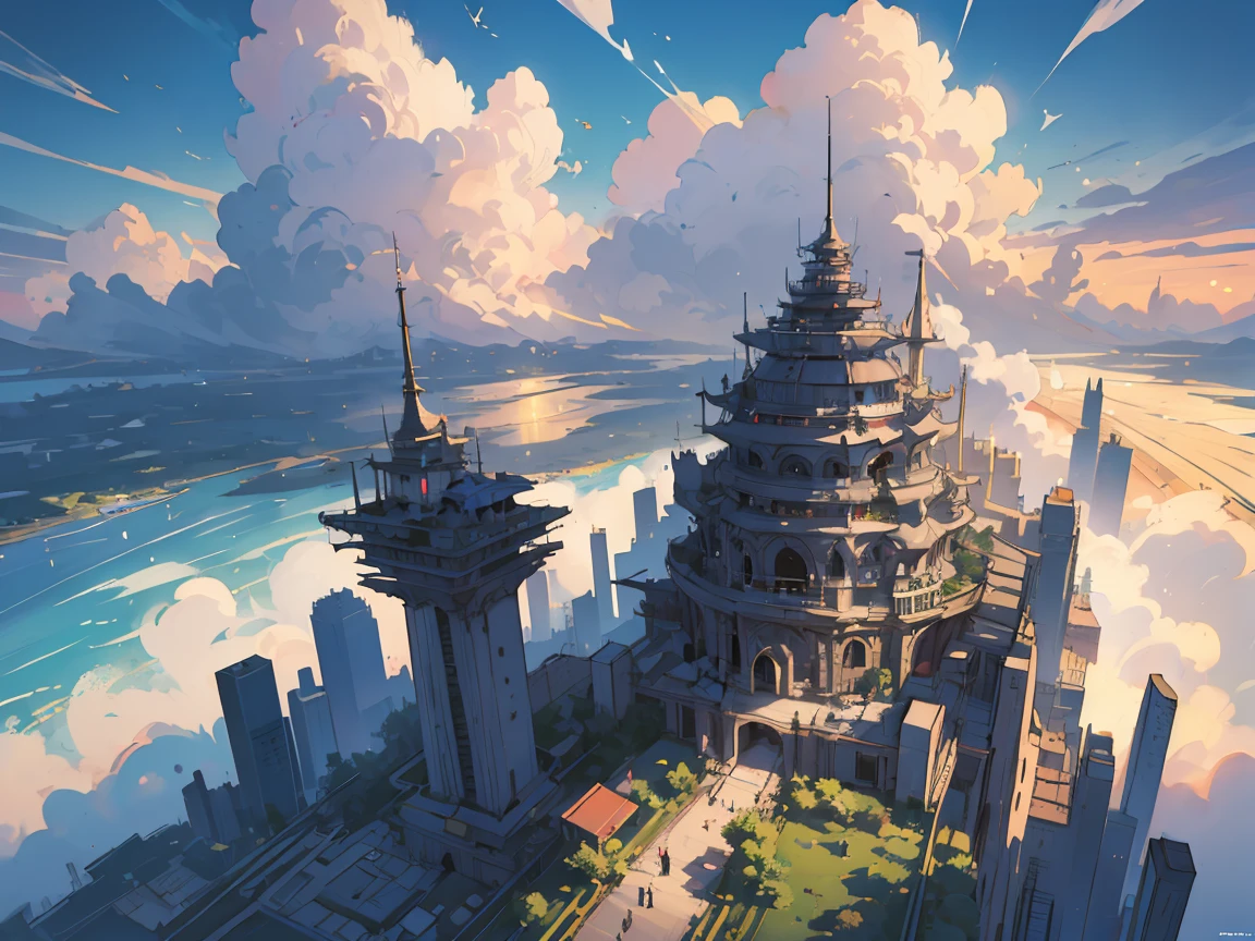environment design, a Futuristic great modern city, nice weather, sun shining with pretty clouds, zoom-out top view,