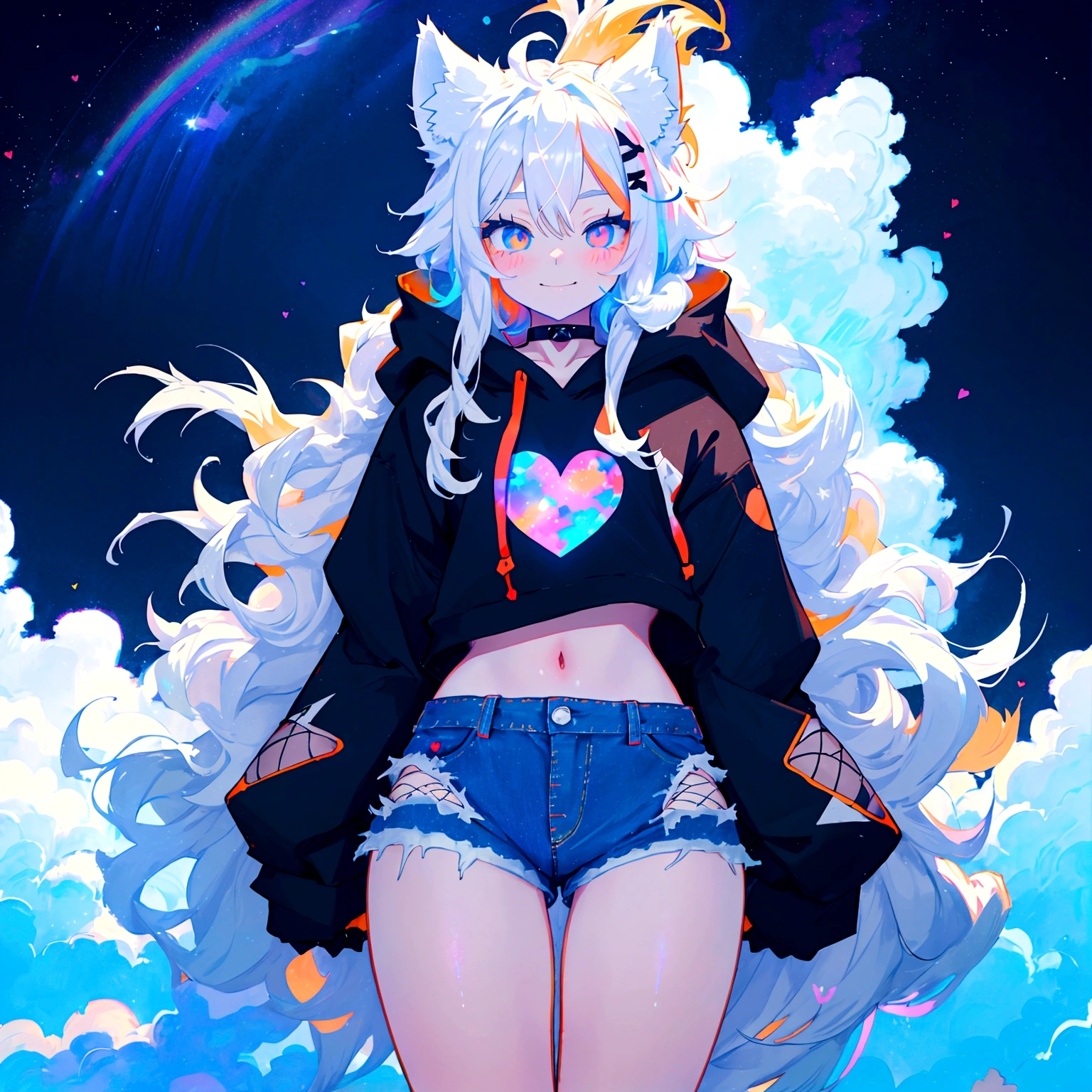 a cute adult male with wolf ears, long white hair, long locks, has a wolf tail, wearing a loose cropped black hoodie, wearing a pair of denim short shorts and fishnet stockings, thick thighs, wide hips, relaxing on mountain of fluffy multi colored kawaii plushies, short, very slim, showing slender tummy, heart on hoodie, squishy thighs, has glowing blue eyes. alone, solo (ALONE)(SOLO), surrounded by rainbows, colorful galaxy backround, smiling,