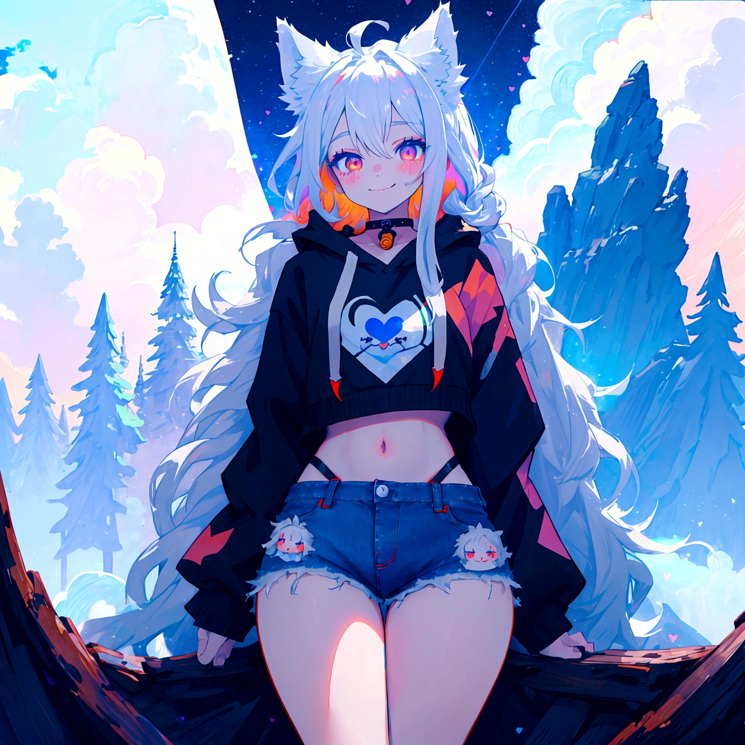 a cute adult male with wolf ears, long white hair, long locks, has a wolf tail, wearing a loose cropped black hoodie, wearing a pair of denim short shorts and fishnet stockings, thick thighs, wide hips, relaxing on mountain of fluffy multi colored kawaii plushies, short, very slim, showing slender tummy, heart on hoodie, squishy thighs, has glowing blue eyes. alone, solo (ALONE)(SOLO), surrounded by rainbows, colorful galaxy backround, smiling,