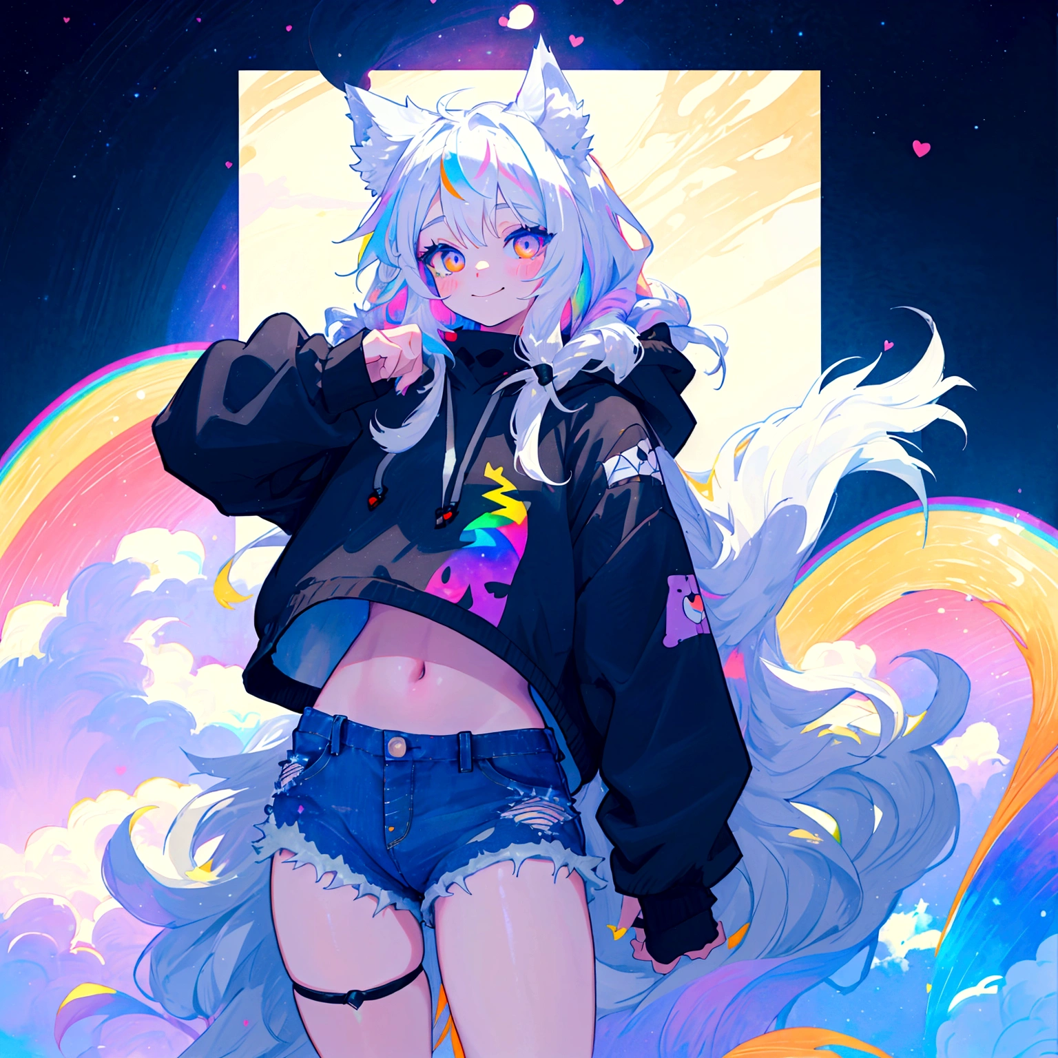 a cute adult male with wolf ears, long white hair, long locks, has a wolf tail, wearing a loose cropped black hoodie, wearing a pair of denim short shorts and fishnet stockings, thick thighs, wide hips, relaxing on mountain of fluffy multi colored kawaii plushies, short, very slim, showing slender tummy, heart on hoodie, squishy thighs, has glowing blue eyes. alone, solo (ALONE)(SOLO), surrounded by rainbows, colorful galaxy backround, smiling,