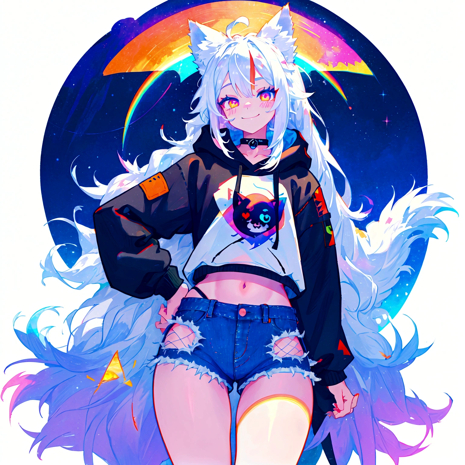 a cute adult male with wolf ears, long white hair, long locks, has a wolf tail, wearing a loose cropped black hoodie, wearing a pair of denim short shorts and fishnet stockings, thick thighs, wide hips, relaxing on mountain of fluffy multi colored kawaii plushies, short, very slim, showing slender tummy, heart on hoodie, squishy thighs, has glowing blue eyes. alone, solo (ALONE)(SOLO), surrounded by rainbows, colorful galaxy backround, smiling,