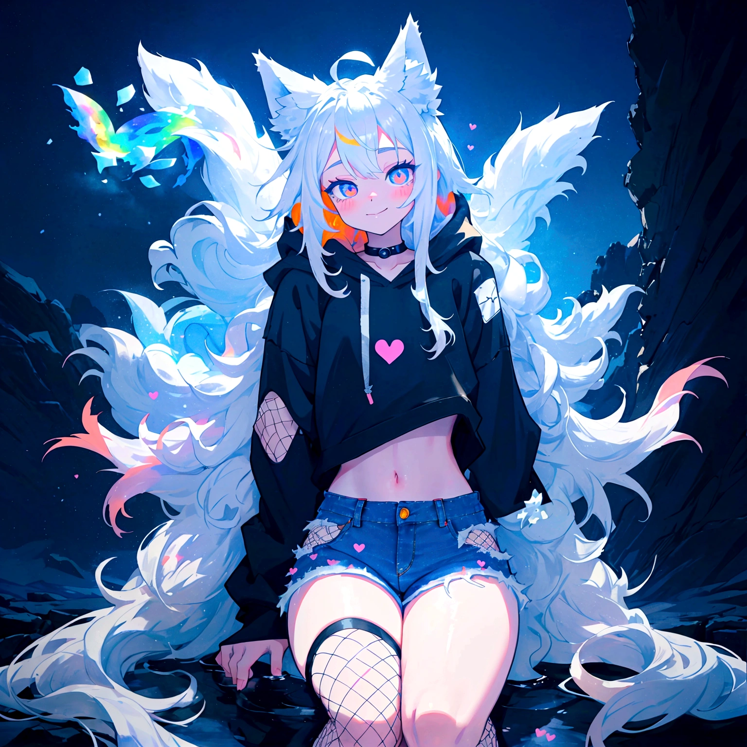 a cute adult male with wolf ears, long white hair, long locks, has a wolf tail, wearing a loose cropped black hoodie, wearing a pair of denim short shorts and fishnet stockings, thick thighs, wide hips, relaxing on mountain of fluffy multi colored kawaii plushies, short, very slim, showing slender tummy, heart on hoodie, squishy thighs, has glowing blue eyes. alone, solo (ALONE)(SOLO), surrounded by rainbows, colorful galaxy backround, smiling,