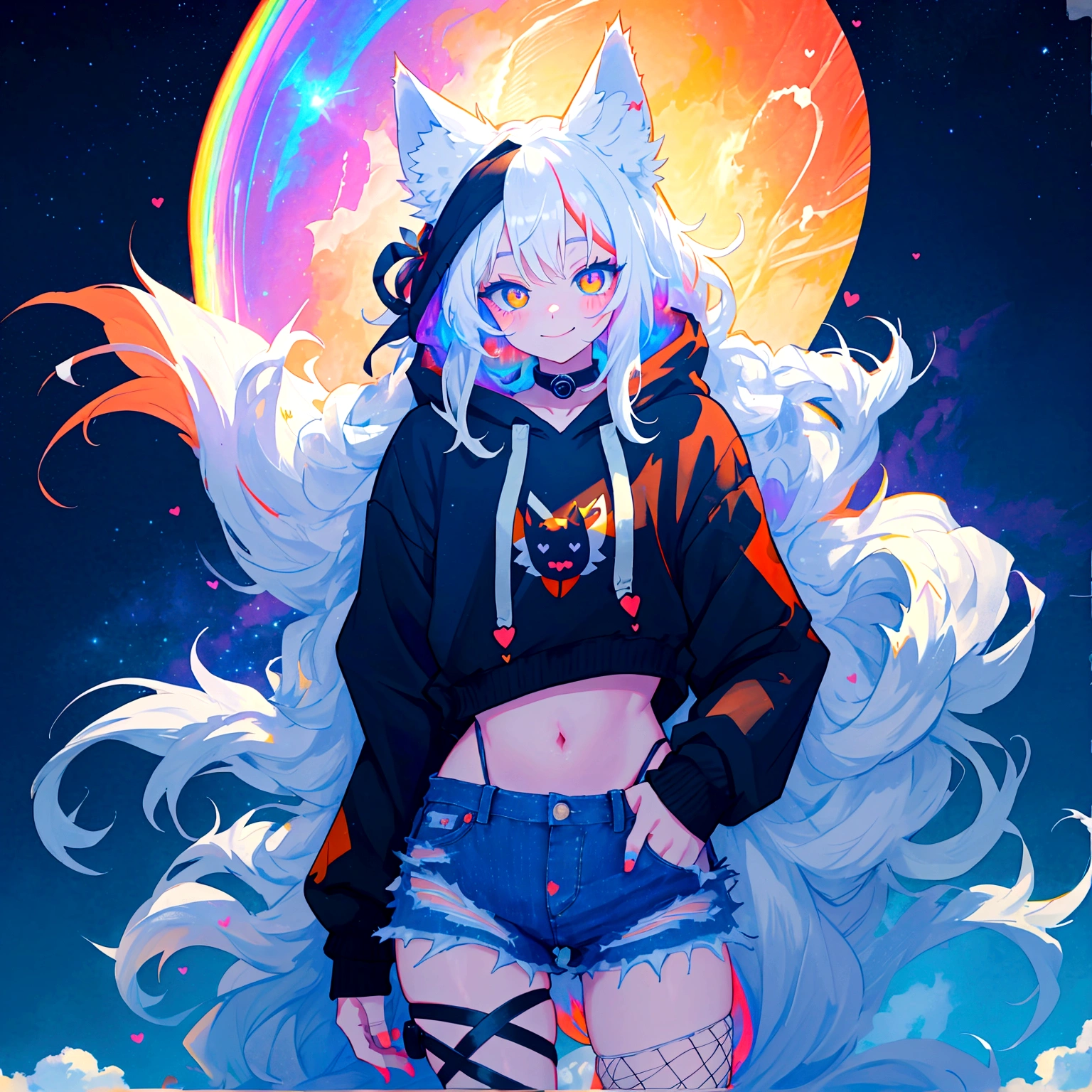 a cute adult male with wolf ears, long white hair, long locks, has a wolf tail, wearing a loose cropped black hoodie, wearing a pair of denim short shorts and fishnet stockings, thick thighs, wide hips, relaxing on mountain of fluffy multi colored kawaii plushies, short, very slim, showing slender tummy, heart on hoodie, squishy thighs, has glowing blue eyes. alone, solo (ALONE)(SOLO), surrounded by rainbows, colorful galaxy backround, smiling,
