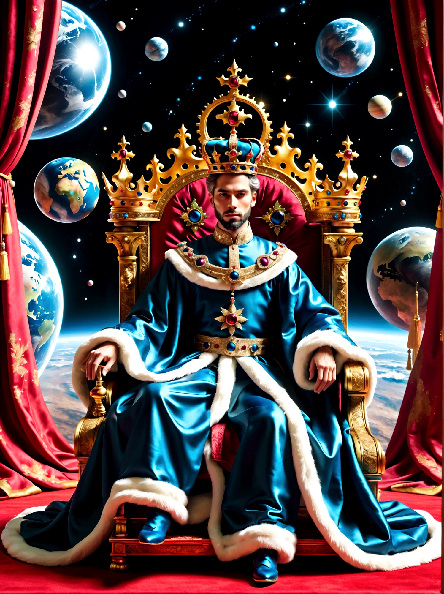 A royal figure in a lavish robe, adorned with a large crown, is seated on a throne, The setting is otherworldly and surreal, located in the vast expanse of space, The figure is perched on a miniature planet that's enveloped entirely by the rich fabric of the robe, reflecting an element of royal extravagance