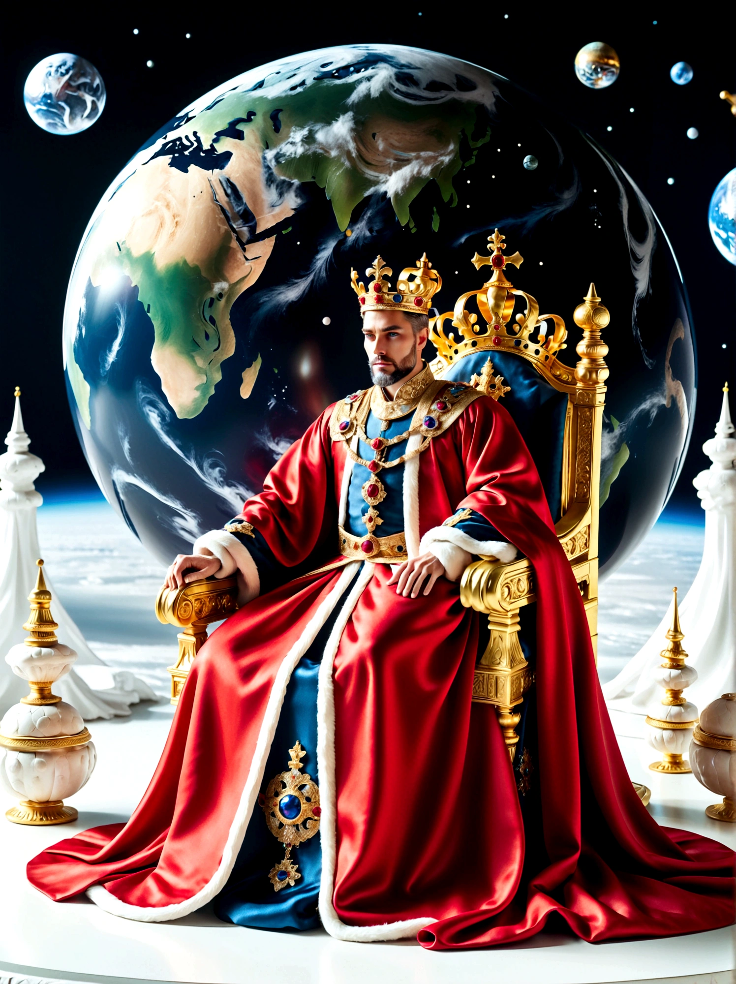A royal figure in a lavish robe, adorned with a large crown, is seated on a throne, The setting is otherworldly and surreal, located in the vast expanse of space, The figure is perched on a miniature planet that's enveloped entirely by the rich fabric of the robe, reflecting an element of royal extravagance