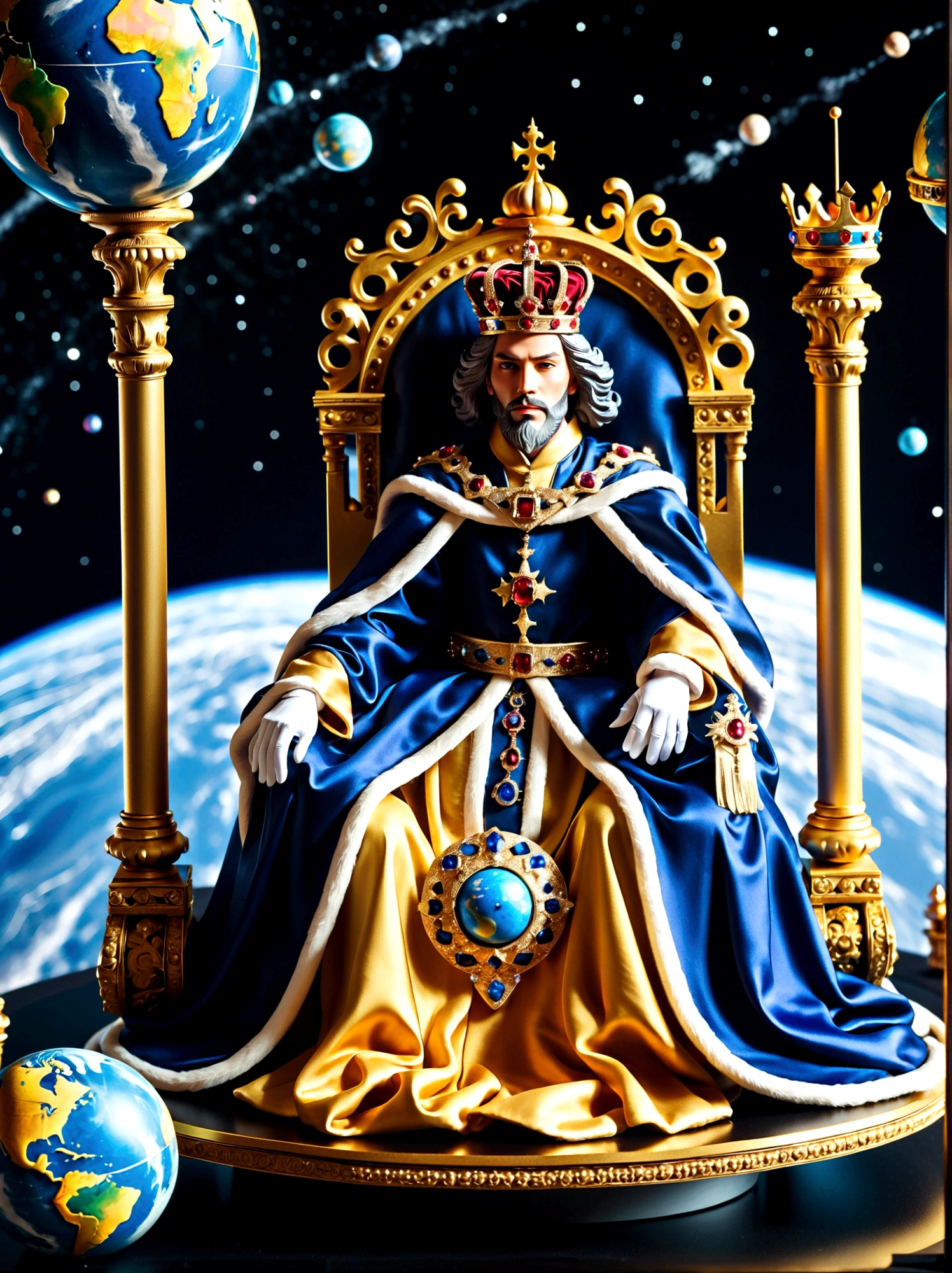 A royal figure in a lavish robe, adorned with a large crown, is seated on a throne, The setting is otherworldly and surreal, located in the vast expanse of space, The figure is perched on a miniature planet that's enveloped entirely by the rich fabric of the robe, reflecting an element of royal extravagance