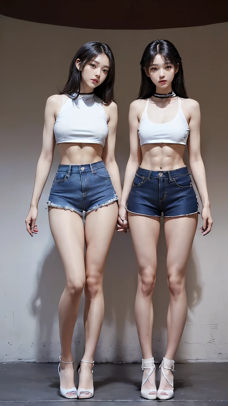 (8K、Raw photo、最high quality、masterpiece:1.5),(((((((Both of them stand with their legs apart:1.9))))))),(((((Both of them have an inseam that is more than half their height.:1.8))))),((Both have bare legs:1.6)),((Both of them are super slim:1.4)),((((Two girls who look just like WONYOUNG from the k-pop group IVE were photographed:1.9)))),(((They both have super skinny legs:1.6))),(((Both are 173cm tall:1.4))),((Perfect k-pop IVE WONYOUNG style duo:1.3)),(((((Both of them take full body shots:1.8))))),((((Both of you should face your whole body straight ahead.:1.8)))),(((Photographed from below to show the whole body of the legs so that they look longer.:1.7))),Skin irregularities are reproduced in minute detail:1.4, (Super thin waist: 1.2),((超Thin thighs:1.2)), Thin buttocks,Open the navel,1Detailed reproduction of the navel,((Perfect super slim legs:1.3)),(((both of them are the same height:1.3))),(((Both of them have amazingly slim figures.:1.2))),(((Both are wearing micro shorts with a rise of 15cm and an inseam of 1cm.:1.8))),(Both are :1.2),((((Both of them are extremely exposed.:1.7)))),(((((Both of them have super-strong abs:1.9))))),((Both of them were wearing short, form-fitting white sports bras.:1.4)),(((Big boobs but no bra:1.4))),(((Both of their nipples were clearly visible under their camisoles.:1.4))),((((Standing in a fashionable theme park on a sunny day:1.4)))),Highly detailed face and skin texture,(Both of you stand with your legs straight and without bending your knees.:1.3),(((They're both the same height:1.4))),((Both of them look just like WONYOUNG from the K-pop idol IVE.:1.8)), ((((Sunny afternoon:1.3)))),((cute:1.4)),Both are fair-skinned Asians,,Both of them have beautiful eyes,,Both of them have beautiful eyes,,Both of them have beautiful noses, which are realistically reproduced.,Both of them have realistic eyes.,Both have beautiful mouths,((They both have beautiful fingers)),nail,Both of them have beautiful faces.,Both of their beautiful faces are realistically reproduced.,cute,(Ultra-Realistic Details), Natural Shadows,(Very small hips:1.4),Large firm breasts, Super long thighs,(((超Thin thighs:1.2))),(((Super slim calves))),(Both of them have the slender bodies of well-trained track and field athletes.:1.5),(Super muscular body:1.5),Super toned waist,(Super thin waist:1.3),((White high heels:1.2)),lengthen limbs,(((((Shooting the whole body from calf height:1.6))))),(Both of them have slim, toned ankles.:1.2),((((Wide open abdomen:1.5)))),Hands on hips,Both of them face forward,((Both figures have detailed and clear reproduction of the crotch area.)),((Super long legs:1.3)),Thin thighs,((Both of them have bare legs.:1.5),((Both of them are showing off their legs in a very extreme way.:1.4),((Both of them are showing off their bellies in an extremely extreme way.:1.4),(Black hair ponytail),((Both of them stand up straight.)),((Keep your hips facing forward:1.5)),2人とも8頭身スタイルBeauty,The ankles are super thin,The arms are very thin and muscular,Make your arms thinner,(((Clearly reproduces the skin texture of the legs down to the finest detail))),Faithfully reproducing the fingers of the hand,(Both of them have super long legs.),(Accurate reproduction of each finger:1.3),(((Each toe is accurately reproduced:1.2))),The middle of the thighs are very thin,(((Clearly reproduces the muscle texture of ultra-muscular and ultra-thin calf skin))),(((超筋肉質な超Thin thighsの肌の筋肉質感を明確に再現する))),(Very tight waist:1.2),((Both of them have an inseam that is more than half their height.の美脚:1.6)),(Extremely thin thighs),Beauty,Fine skin,Firm skin,(((Both of them should fit from the top of their heads to the toes of their heels.:1.5))),(((They both have super skinny legsの肌を細部まで忠実に再現する))),(Both of them are super muscular and have super thin legs with realistic skin.:1.3),((Realistically reproduces the fine details of toned, slender leg skin:1.3)),((Dazzling Midsummer)),(((Both of them have super-strong quadriceps:1.6))),(((Both of them have extremely well-trained gastrocnemius and soleus muscles.:1.6))),((2人とも超細くてSuper long legs:1.2)),Front lighting,A little overexposed, Super detailed, High detail, high quality, Awards,High resolution,(Anatomically correct:1.5)
