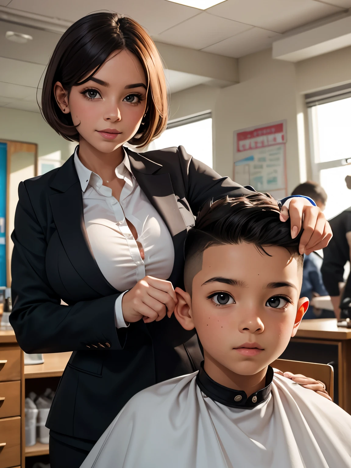 The photo shows a busty woman and an elementary school boy at the barber's、A boy sits in a barber's chair at the barber's、(A woman is wearing a barber's uniform and cutting a boy's hair)、Barber woman's gentle smile、Boy looking at woman's breasts、Fine facial features、Beautiful Eyes、Long eyelashes、high quality、Real、Photorealistic、8K、masterpiece、Cinematic lighting、Bright colors、Very detailed、Intricate details、Dramatic composition、emotional expression、Beautiful rendering、extraordinary artistry