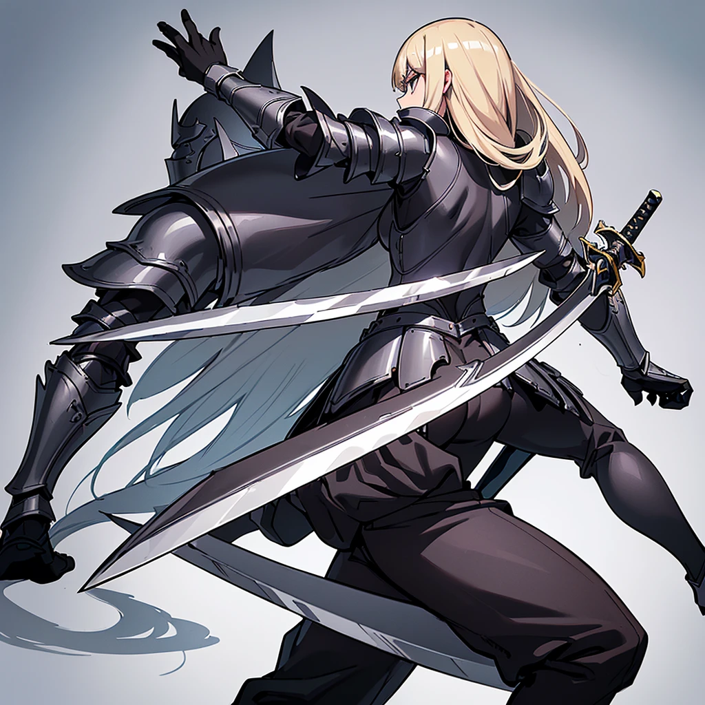 (Full body character concept)、(((Solo)))、Highest quality, Best Quality、8K、Best illustrations、(Full body character concept、detailed)、(((Gray simple armor、Black trousers、Black gloves))、(woman、18-year-old)、(Blonde、Long Hair)、(((Grab the sword)))、(Fighting stance,)、Dramatic Angle、(White background)、(From the back、Back view)