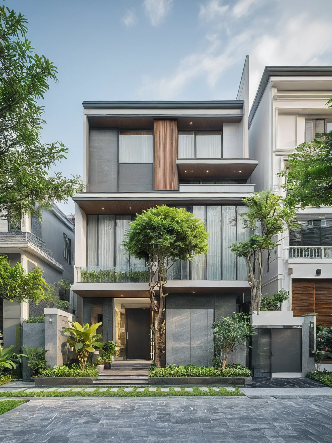 modern townhouse on street, (daylight), tropical tree, vivid color, streetcapes, nice sky, grey tone, large glass door, warm interior lighting, modern material, best quality, ultra realistic, masterpiece, 17ArchiAI_XL_VL-v1
