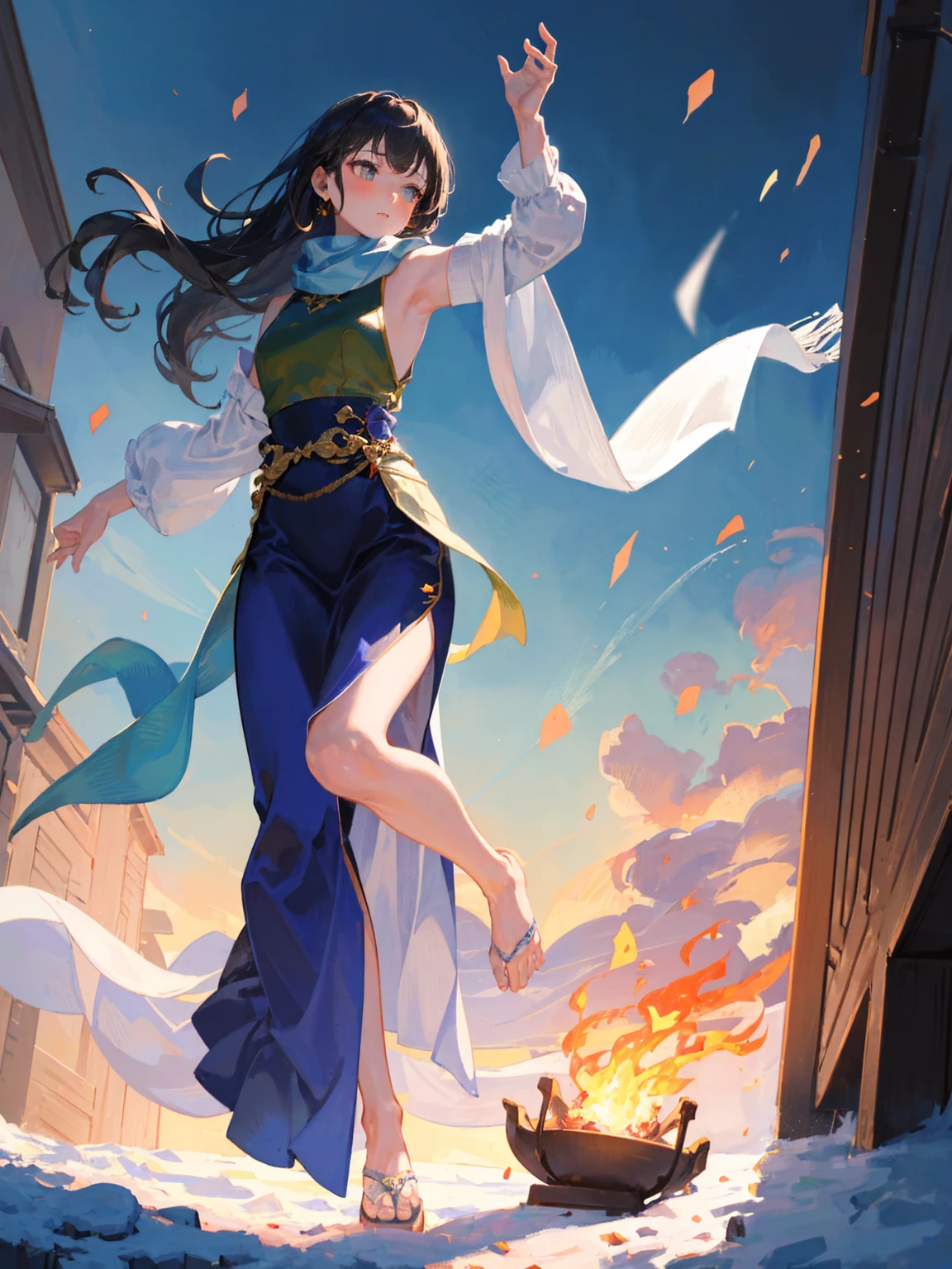 Masterpiece, best quality, realistic, (1 girl: 1.3), blue gold white clothes, shawl long hair, jump, leap, dance, green gold white clothes, long skirt, long scarf, flowing, light armor, snow white skin, bare shoulders, full body, (from below:1.5), martial arts, dynamics, flames, particles
