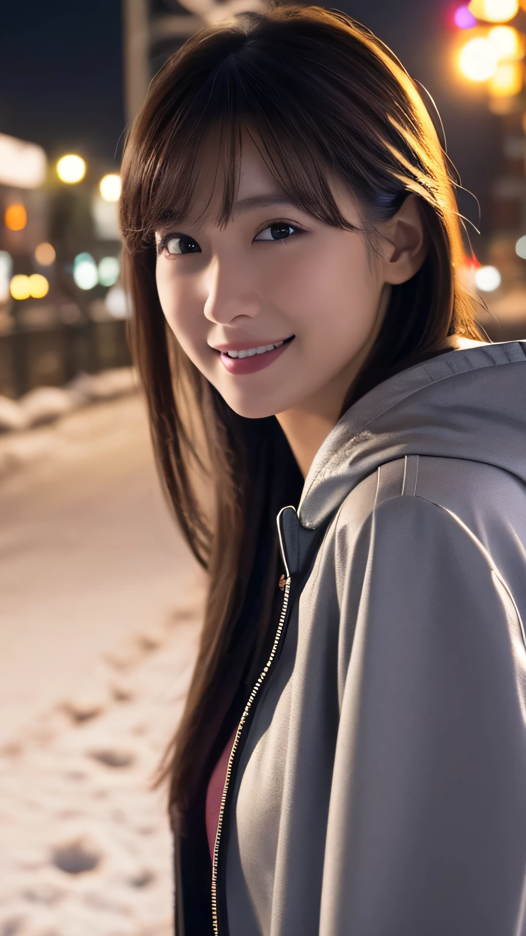 One Girl, (Wear a platinum coat:1.2), (RAW Photos, highest quality), (Realistic, Photorealistic:1.4), Tabletop, Very delicate and beautiful, Very detailed, 2k wallpaper, wonderful, In detail, Very detailed CG Unity 8k wallpaper, Very detailedな, High resolution, Soft Light, Beautiful detailed girl, Very detailedな目と顔, Beautifully detailed nose, Beautiful fine details, Cinema Lighting, Illuminations that light up the city on a snowy night, Snow Scene, It's snowing, Snow in the hair, Perfect Anatomy, Slender body, Was nervous,
Straight semi-long hair, bangs, View your viewers, smile