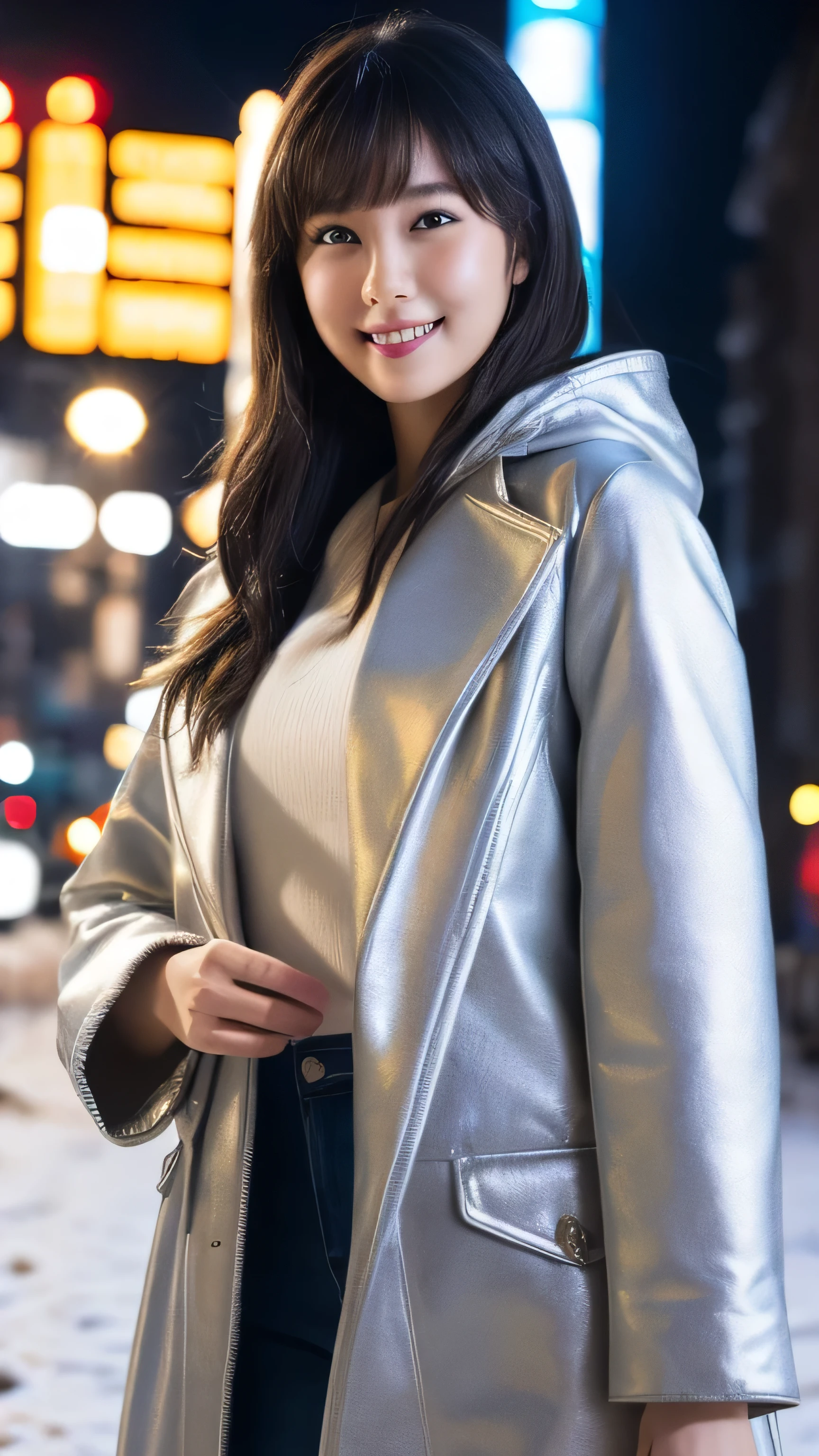 One Girl, (Wear a platinum coat:1.2), (RAW Photos, highest quality), (Realistic, Photorealistic:1.4), Tabletop, Very delicate and beautiful, Very detailed, 2k wallpaper, wonderful, In detail, Very detailed CG Unity 8k wallpaper, Very detailedな, High resolution, Soft Light, Beautiful detailed girl, Very detailedな目と顔, Beautifully detailed nose, Beautiful fine details, Cinema Lighting, Illuminations that light up the city on a snowy night, Snow Scene, It's snowing, Snow in the hair, Perfect Anatomy, Slender body, Was nervous,
Straight semi-long hair, bangs, View your viewers, smile