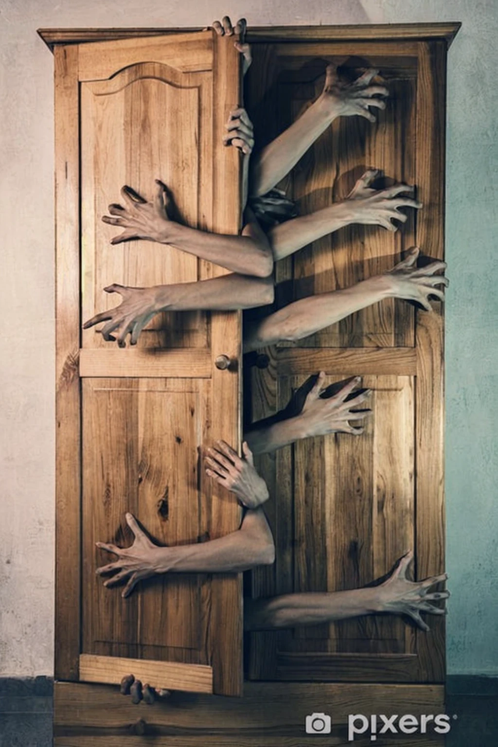 a group of hands coming out of a wooden door, Zombie arms in front, too many hands in all directions, too many hands, horror surreal art, closed hands, spiritual eerie creepy picture, amputated limbs, creepy and unsettling, powder Gabor Szikszai, Lt. Aleksander Kobzdej, strange and disturbing, creepy!!, many arms