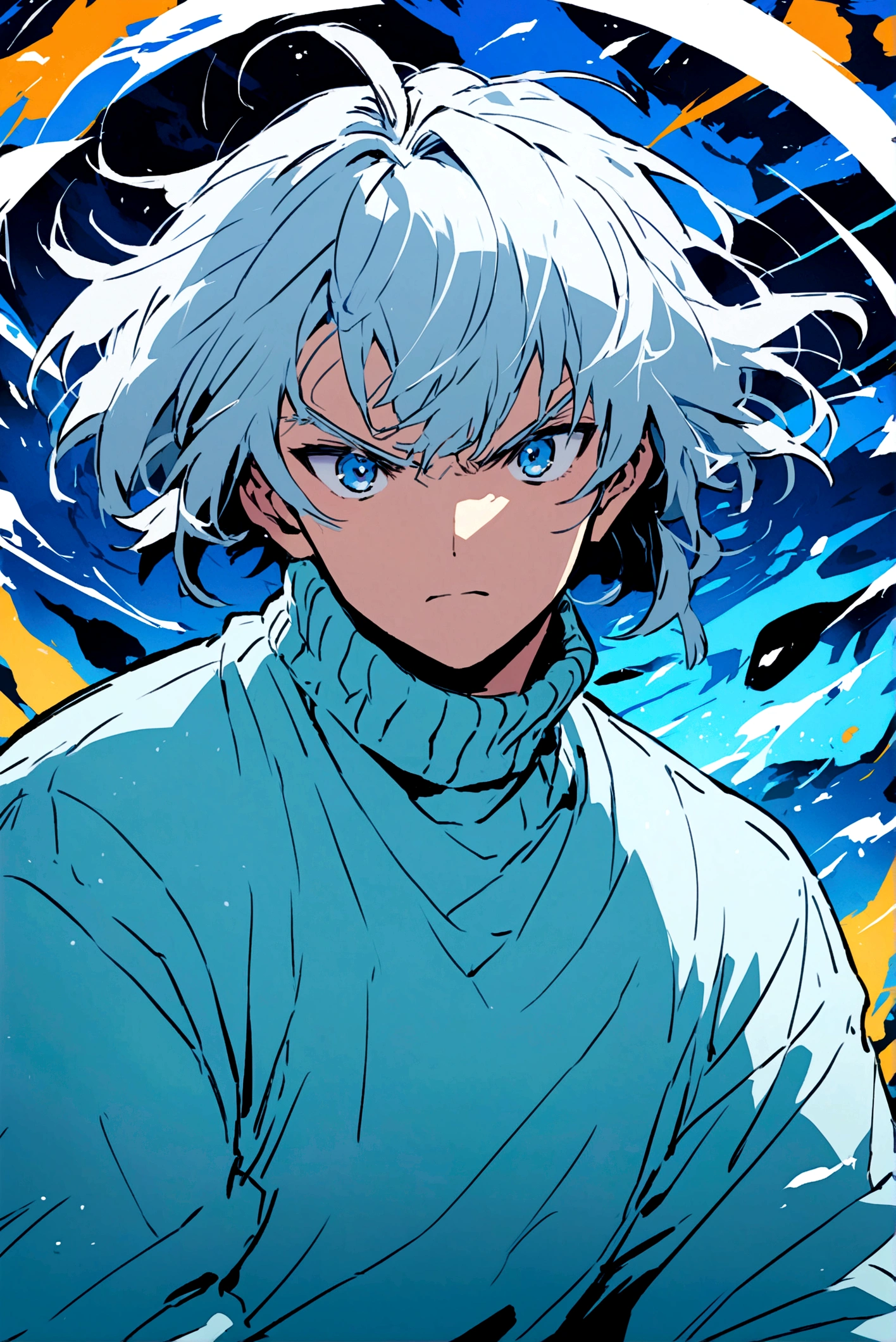 An anime-type man with a video game background and a light blue sweater
