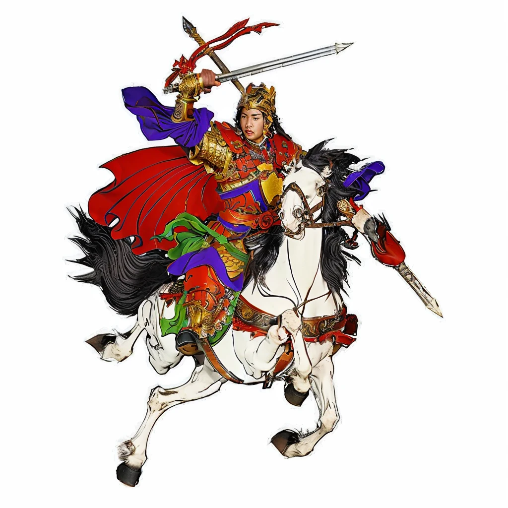 an ancient chinese young warrior, wearing armour, riding a white horse, holding a word and a spear