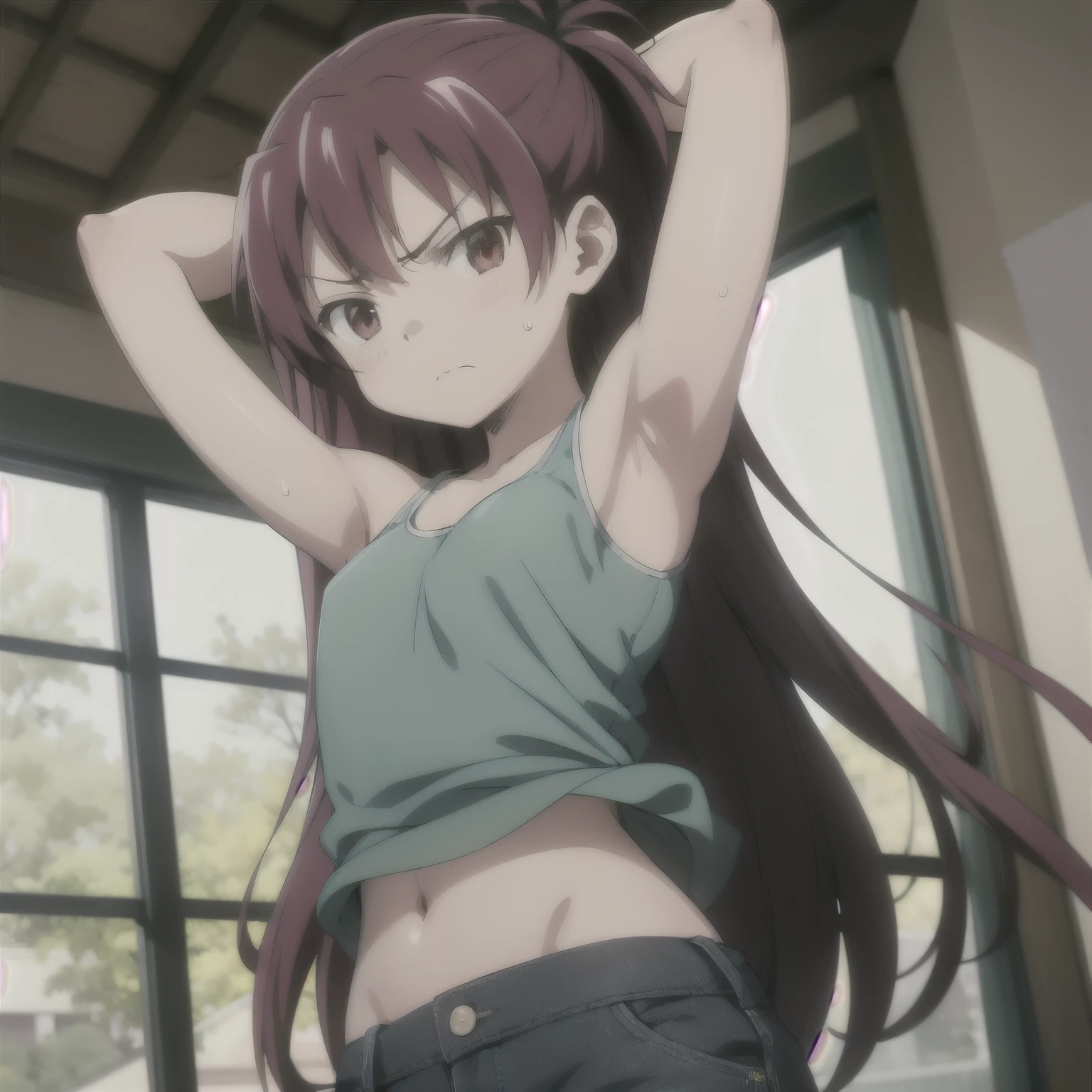 score_9, score_8_up, score_7_up, source_anime, 1girl, solo, 1girl, solo, long hair, looking at viewer, red eyes, red hair,
, indoors, arms behind head, (pixel-perfect, detail-perfect))), solo, 1girl, narrow t-shirt, short denim, tight thights, solo, cowboy shot, spread arms,  arms up, closed mouth, looking at viewer, detail, sweated A lot, warm body, sweat detail, angry face, spread armpit , all Body , focus armpit, slim, armpit crease , midrifft , navel